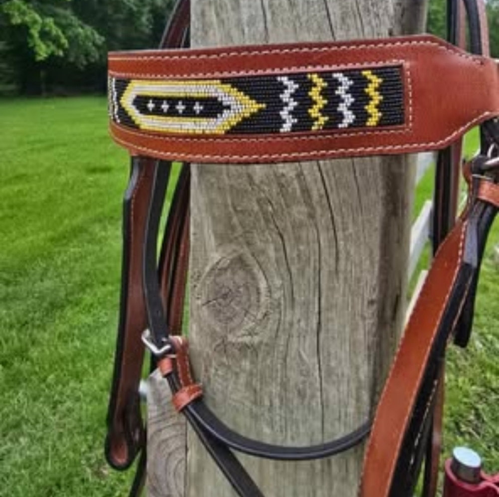 Beaded Leather Horse Bridle with Tribal Design